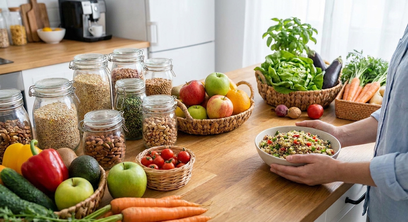 A bright kitchen counter with fresh fruits, vegetables, grains, nuts, and a bowl of quinoa salad